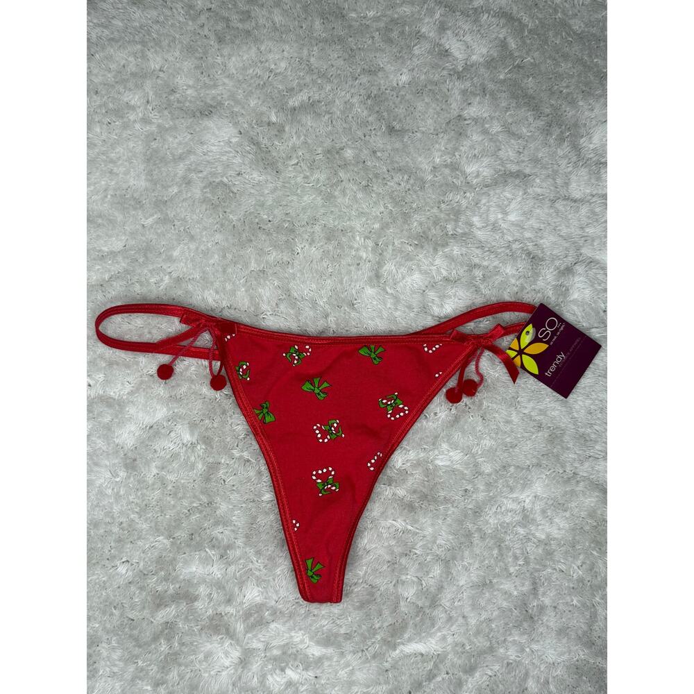 NWT SO Christmas Red String Bikini Panty Candy Cane Print Side Tie Small